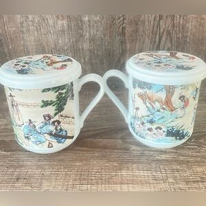 White Scenic Vintage-Style Lidded Coffee Mugs (Set of 2)